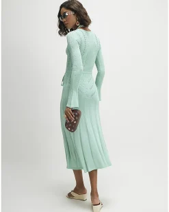 Blue Metallic Flare Knitted Midi Dress
