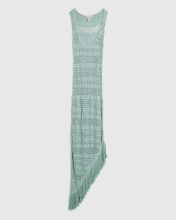 Blue Metallic Knit Asymmetric Midi Dress