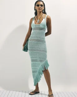 Blue Metallic Knit Asymmetric Midi Dress
