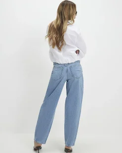 Blue Mid Rise Barrel Leg Jeans