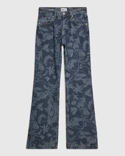 Blue Mid Rise Floral Bootcut Jeans