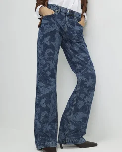 Blue Mid Rise Floral Bootcut Jeans