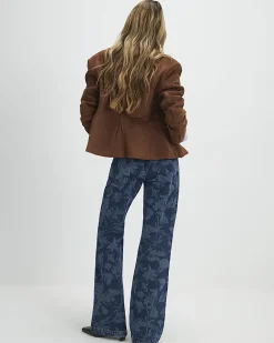 Blue Mid Rise Floral Bootcut Jeans