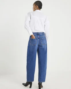 Blue Mid Rise Seamed Barrel Leg Jeans