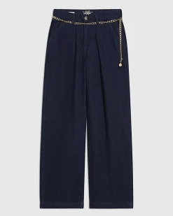 Blue Mid Rise Wide Leg Belted Jeans