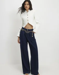 Blue Mid Rise Wide Leg Belted Jeans
