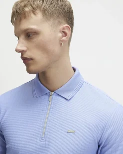 Blue Muscle Fit Quarter Zipped Polo Shirt