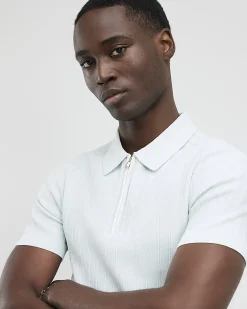 Blue Muscle Fit Ribbed Quarter Zip Polo Shirt
