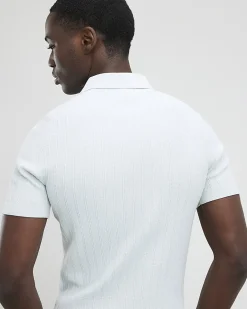 Blue Muscle Fit Ribbed Quarter Zip Polo Shirt