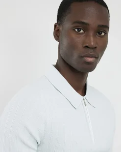 Blue Muscle Fit Ribbed Quarter Zip Polo Shirt