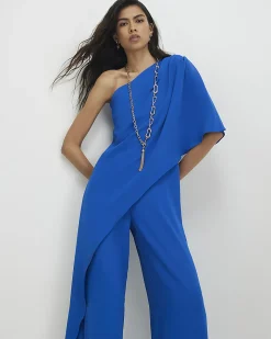 Blue One Shoulder Overlay Jumpsuit