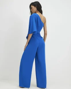 Blue One Shoulder Overlay Jumpsuit