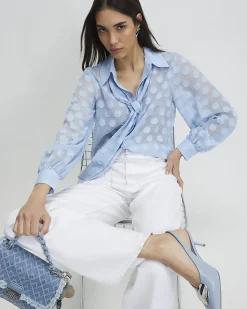 Blue Organza Polka Dot Blouse