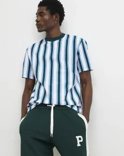 Blue Oversized Cotton Vertical Stripe T-Shirt