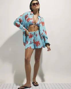 Blue Palm Print Beach Shorts