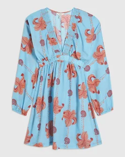 Blue Palm Print Long Sleeve Mini Beach Dress