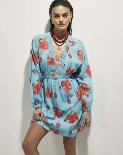 Blue Palm Print Long Sleeve Mini Beach Dress