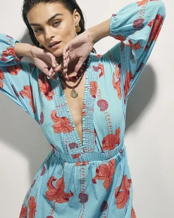 Blue Palm Print Long Sleeve Mini Beach Dress