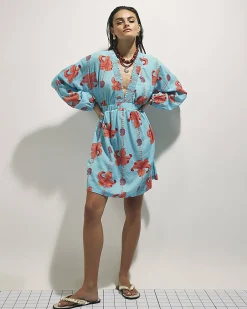Blue Palm Print Long Sleeve Mini Beach Dress