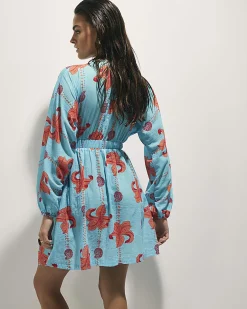 Blue Palm Print Long Sleeve Mini Beach Dress