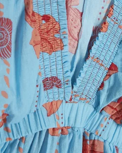 Blue Palm Print Long Sleeve Mini Beach Dress