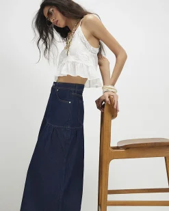Blue Panelled Denim Midi Skirt