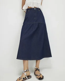 Blue Panelled Denim Midi Skirt