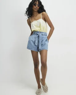 Blue Paperbag Tie Waist Denim Shorts
