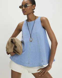 Blue Peplum Seamed Denim Top