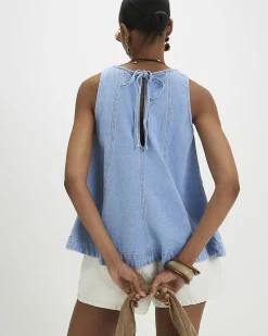 Blue Peplum Seamed Denim Top