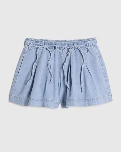 Blue Pleated Bow Front Denim Shorts