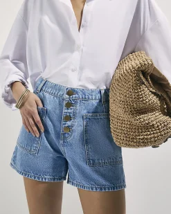 Blue Pocket Front Button Up Denim Shorts
