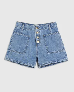 Blue Pocket Front Button Up Denim Shorts