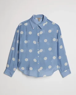 Blue Polka Dot Print Long Sleeve Shirt