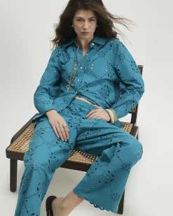 Blue Poplin Broderie Trousers