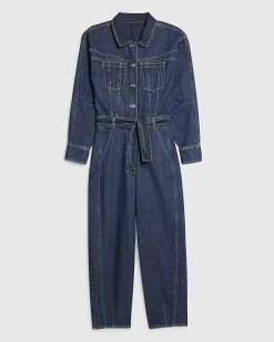 Blue Premium Belted Barrel Leg Denim Jumpsuit