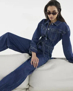 Blue Premium Belted Barrel Leg Denim Jumpsuit