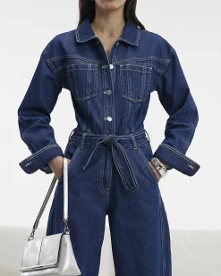 Blue Premium Belted Barrel Leg Denim Jumpsuit