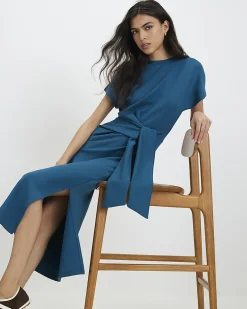 Blue Premium Short Sleeve Tie Side Midi Dress