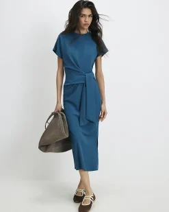 Blue Premium Short Sleeve Tie Side Midi Dress