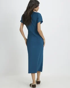 Blue Premium Short Sleeve Tie Side Midi Dress