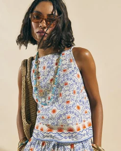 Blue Printed Linen Blend Tank Top