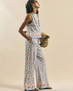 Blue Printed Linen Blend Wide Leg Trouser