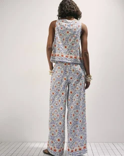Blue Printed Linen Blend Wide Leg Trouser