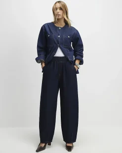 Blue Pull On Barrel Leg Jeans
