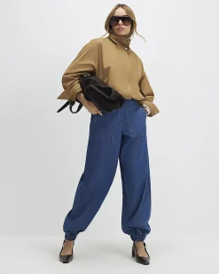 Blue Pull On Elasticated Cuffed Denim Joggers