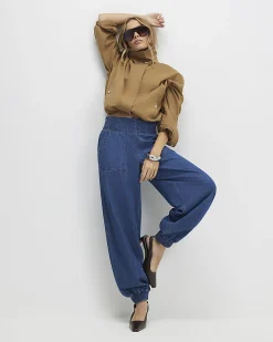 Blue Pull On Elasticated Cuffed Denim Joggers
