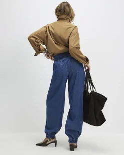 Blue Pull On Elasticated Cuffed Denim Joggers