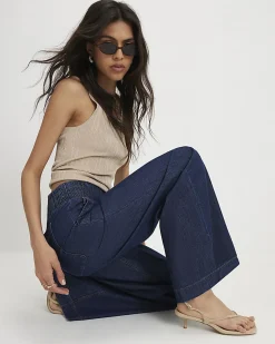 Blue Pull On Wide Leg Jeans