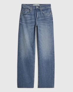 Blue Raw Hem Wide Leg Jeans